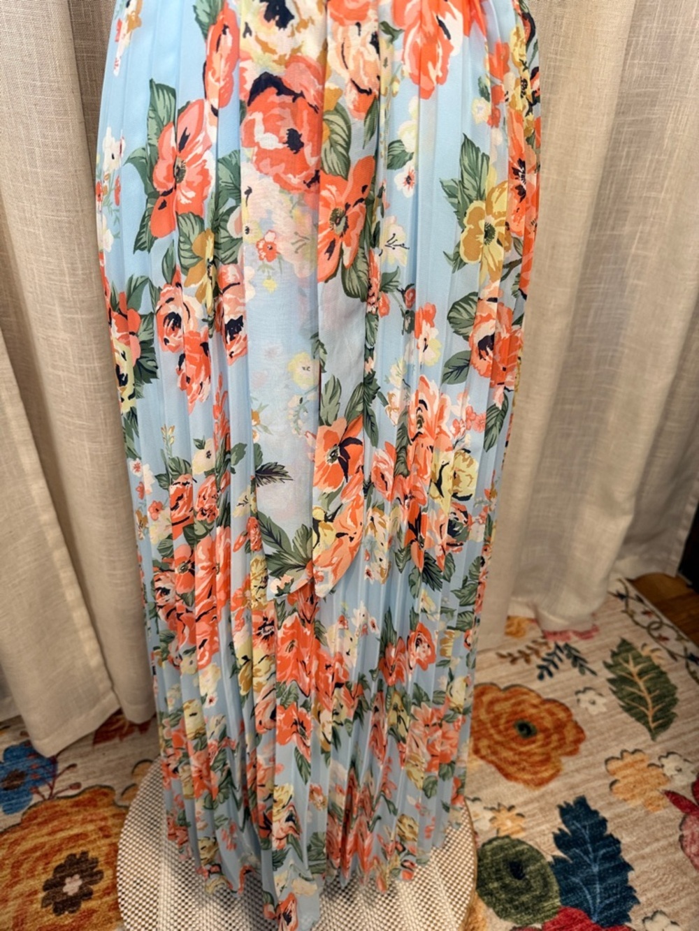 B Darlin Light Blue Floral Halter Maxi Dress with Coral & Yellow Blooms - Picture 3 of 13
